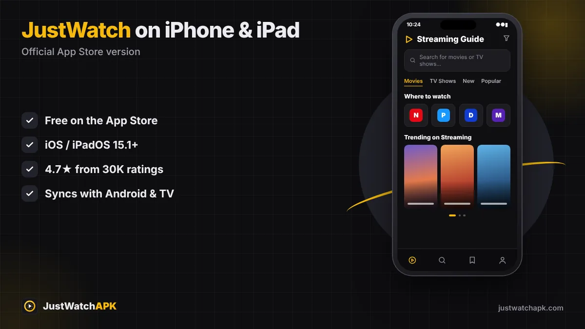 JustWatch iPhone app showing where to watch a movie on streaming services